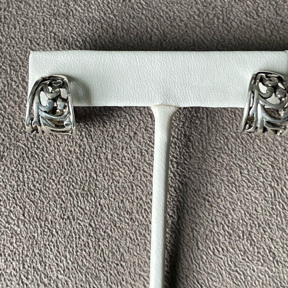 Vintage Bold Sterling Silver Openwork Swirl Half Hoop Pierced Earrings